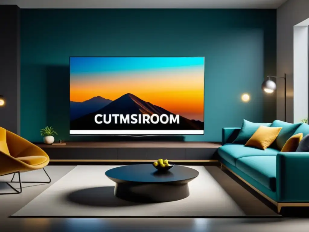 Una sala moderna con Smart TV de alta tecnología y software Smart TVs experiencia hogar, decoración minimalista y ambiente acogedor