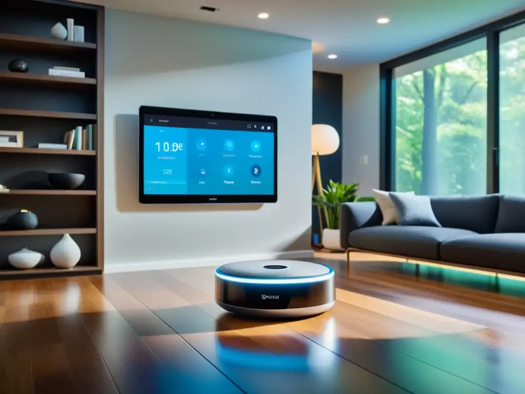 Un salón moderno con aparatos compatibles con Smart Home integrados en la decoración, creando un ambiente minimalista y sofisticado