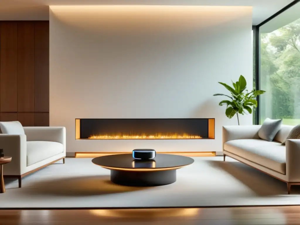 Un salón moderno con aparatos compatibles con Smart Home integrados en la decoración, creando una estética sofisticada y minimalista