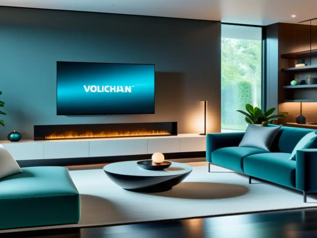 Un salón moderno con aparatos compatibles con Smart Home integrados en la decoración, creando un ambiente elegante y conveniente