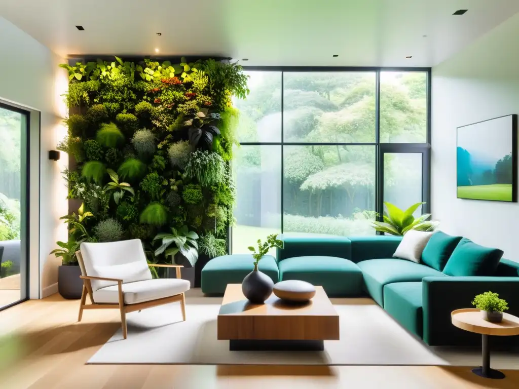 Salón moderno con aplicación realidad aumentada gestión hogar, muebles sostenibles y vista a un jardín exuberante