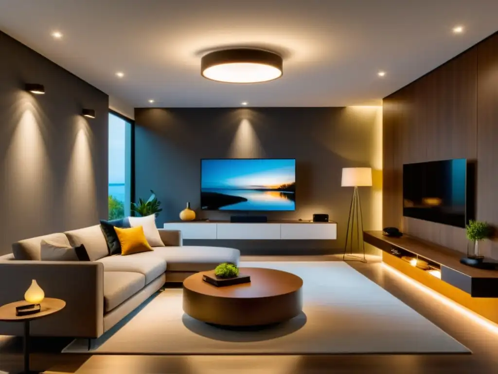Sala moderna con iluminación inteligente TUV para ambientes acogedores Salón moderno con bombillas inteligentes TUV, creando una atmósfera cálida y acogedora