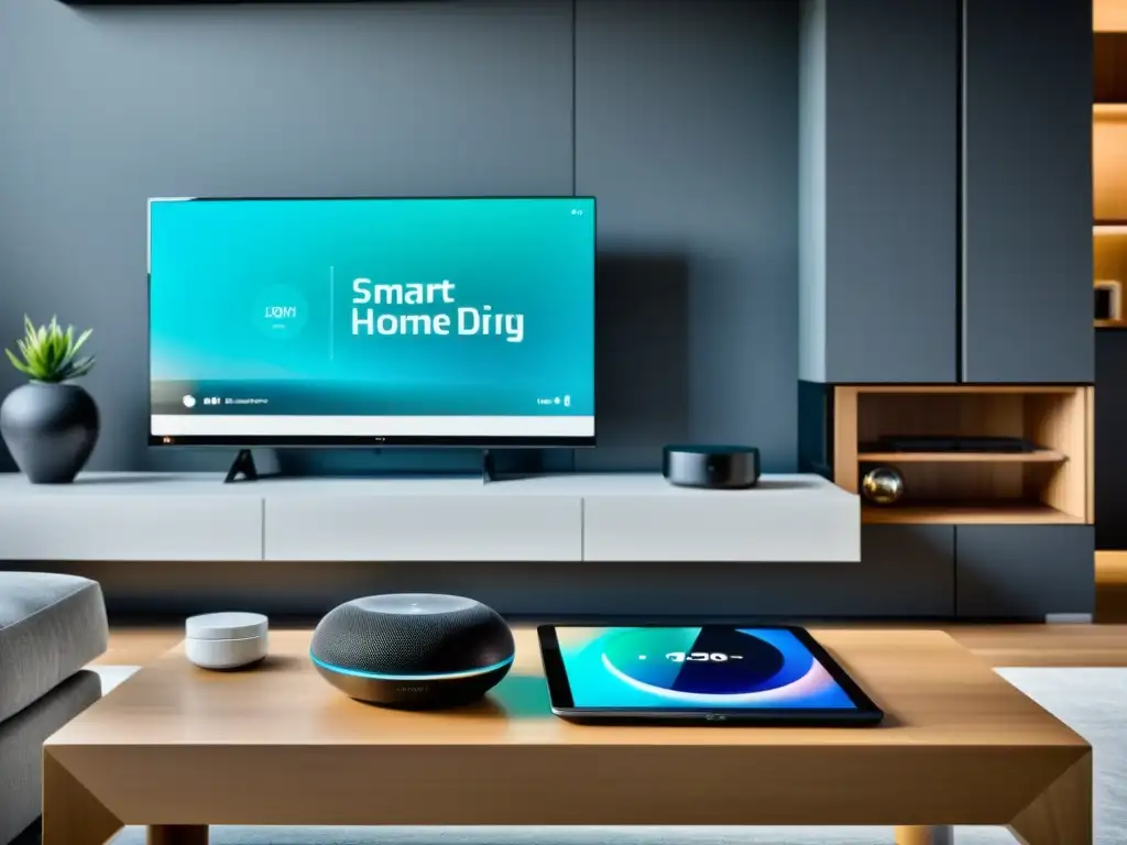 Sala de estar inteligente con diseño minimalista y tecnología integrada Salón moderno con diseño minimalista y dispositivos inteligentes
