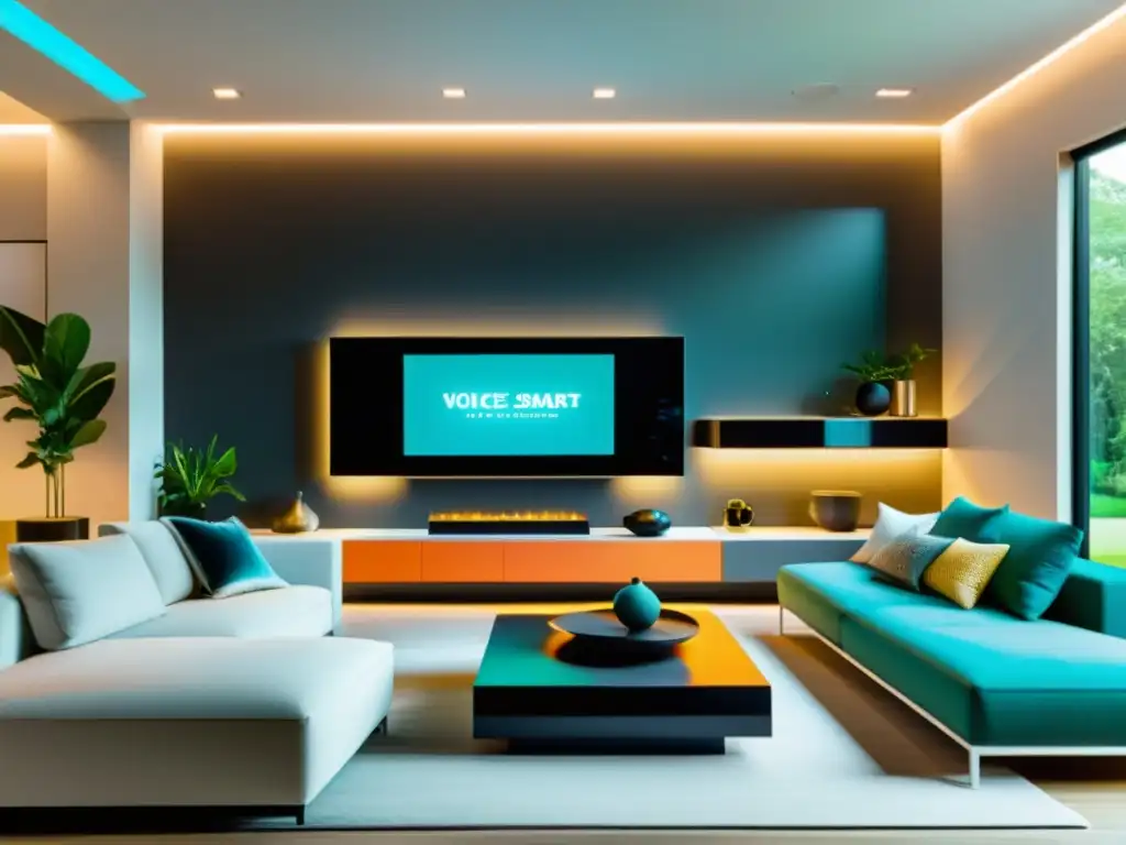 Salón moderno con tecnología inteligente Salón moderno con dispositivos domóticos integrados