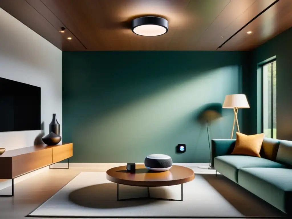 Salón moderno con dispositivos inteligentes integrados Un salón moderno con dispositivos domóticos integrados al diseño