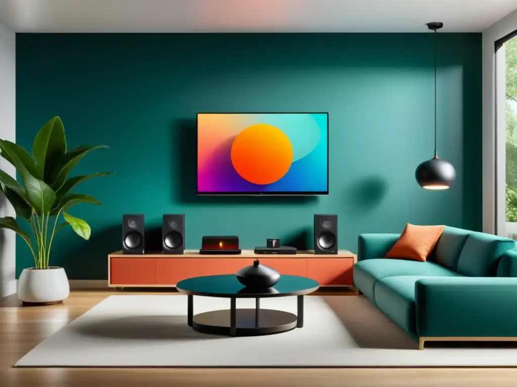 Salón inteligente con dispositivos interconectados Salón moderno con dispositivos de hogar inteligente de marcas diversas, mostrando la compatibilidad en un ambiente elegante y conectado