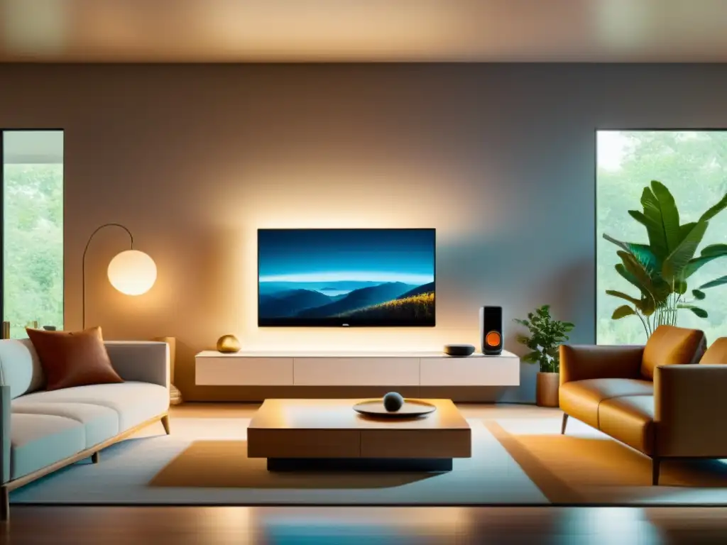 Salón inteligente con dispositivos integrados de diferentes marcas Salón moderno con dispositivos de hogar inteligente de diferentes marcas integrados, creando una atmósfera acogedora