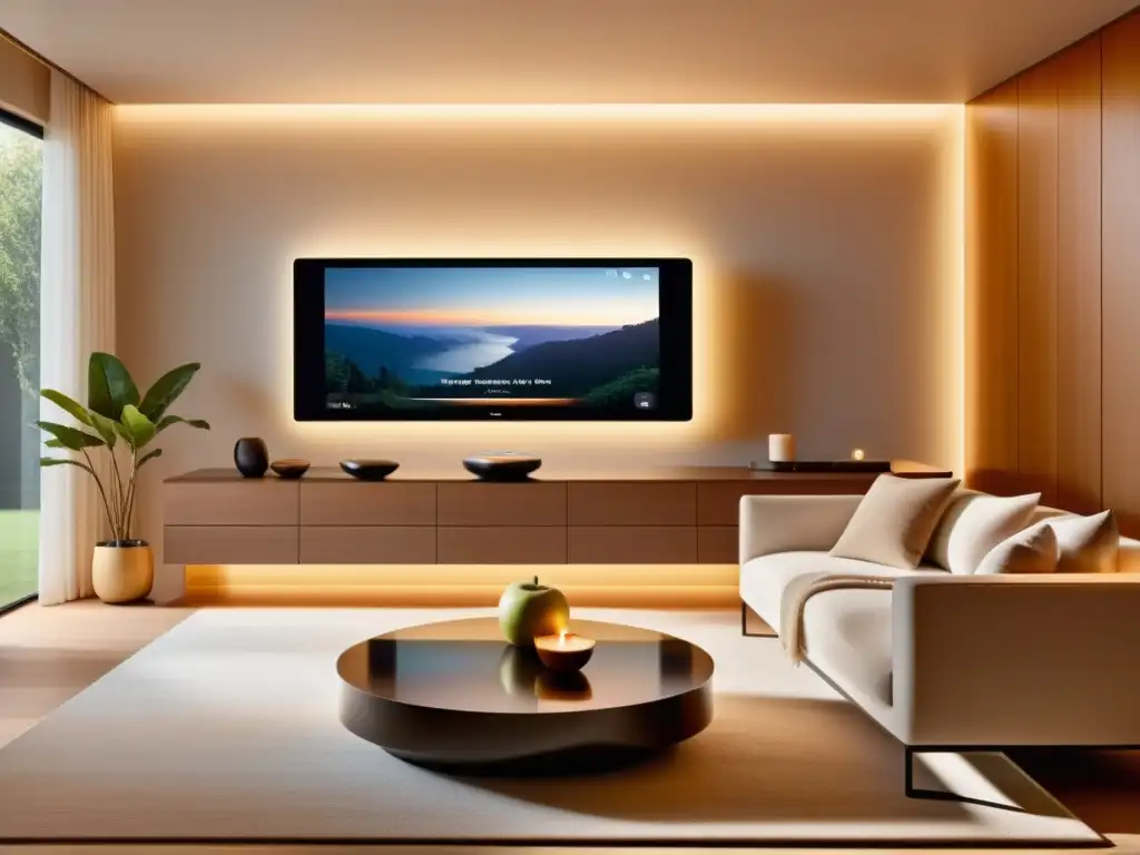 Salón moderno con dispositivos Apple HomeKit integrados, creando un ambiente acogedor y futurista