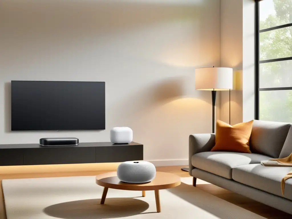 Salón moderno con dispositivos Apple HomeKit integrados en hogar