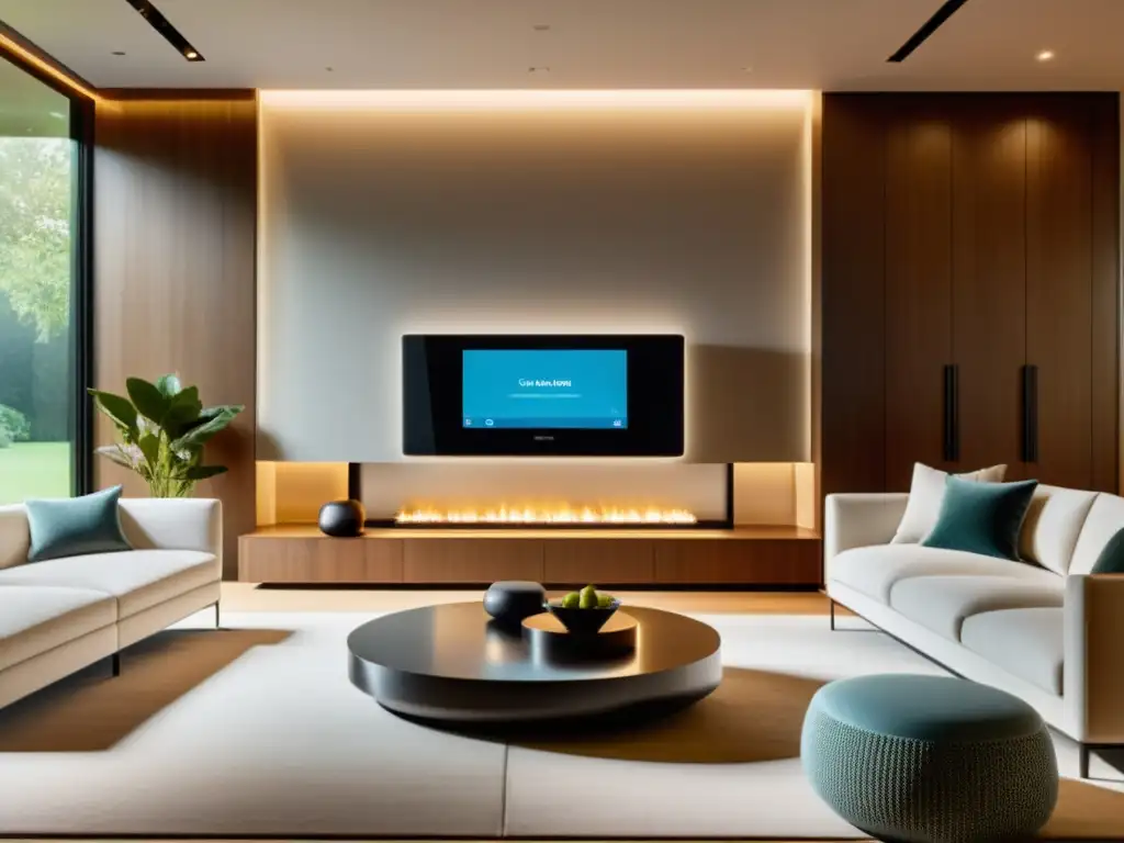 Salón inteligente con dispositivos de voz Salón moderno con dispositivos inteligentes controlados por voz integrados en la decoración