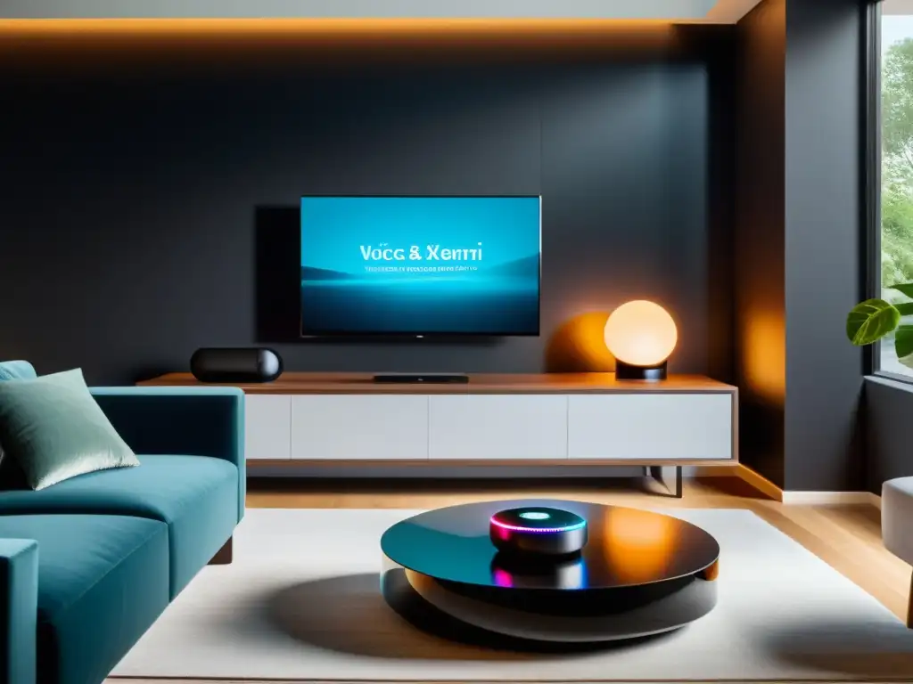 Living room futurista con dispositivos inteligentes integrados Un salón moderno con dispositivos inteligentes futuristas integrados en la decoración para proteger conversaciones electrodomésticos inteligentes