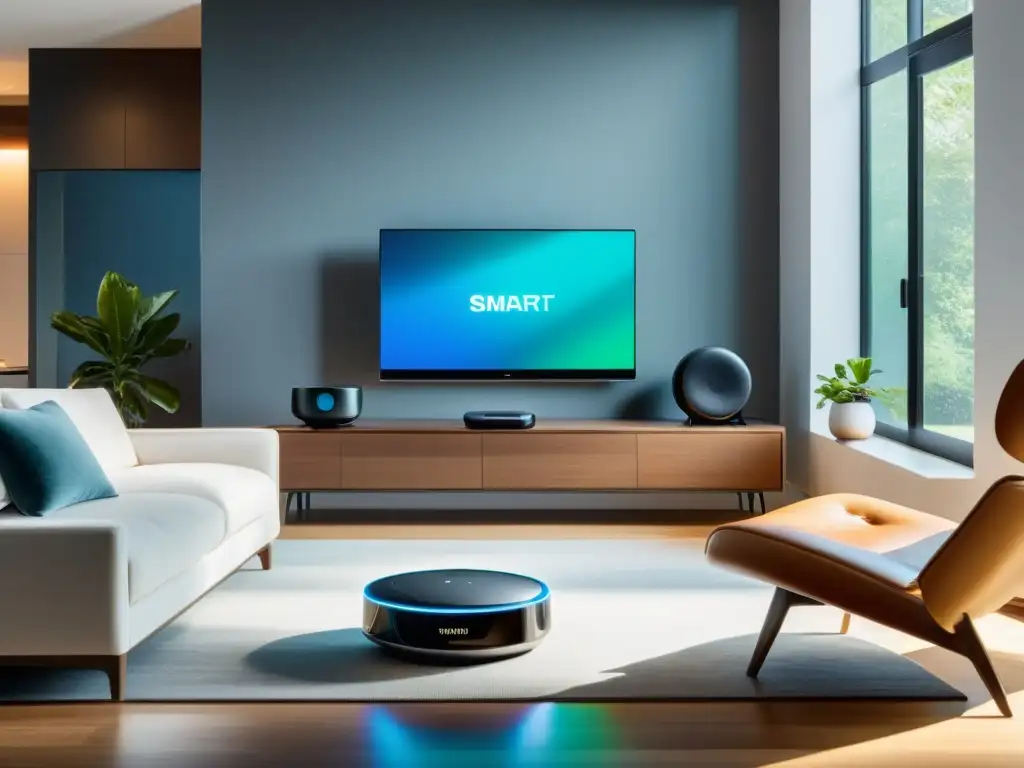 Salón moderno con dispositivos inteligentes: comodidad y sofisticación en el hogar Salón moderno con dispositivos inteligentes, integrados en la decoración contemporánea