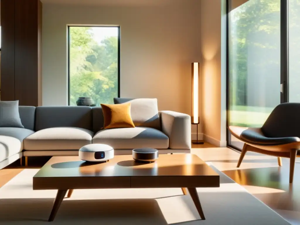 Sala de estar moderna con dispositivos inteligentes y control de voz Salón moderno con dispositivos inteligentes controlados por voz, integrados en la decoración
