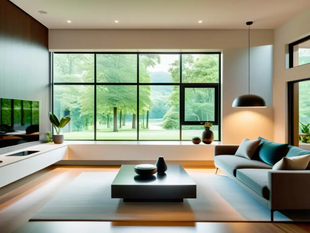 Sala inteligente con dispositivos modernos y asistente virtual Salón moderno con dispositivos inteligentes integrados en la decoración
