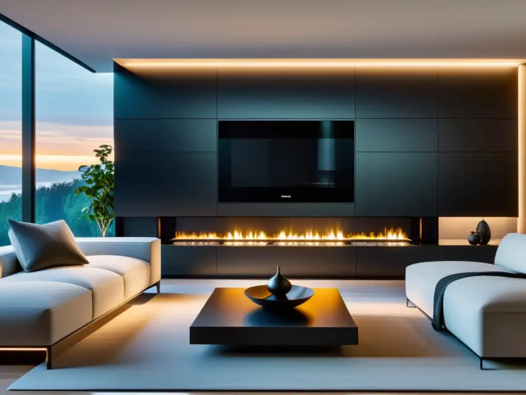 Salón moderno con electrodomésticos de IA integrados Un salón moderno con electrodomésticos AI integrados que crean un ambiente acogedor y sofisticado