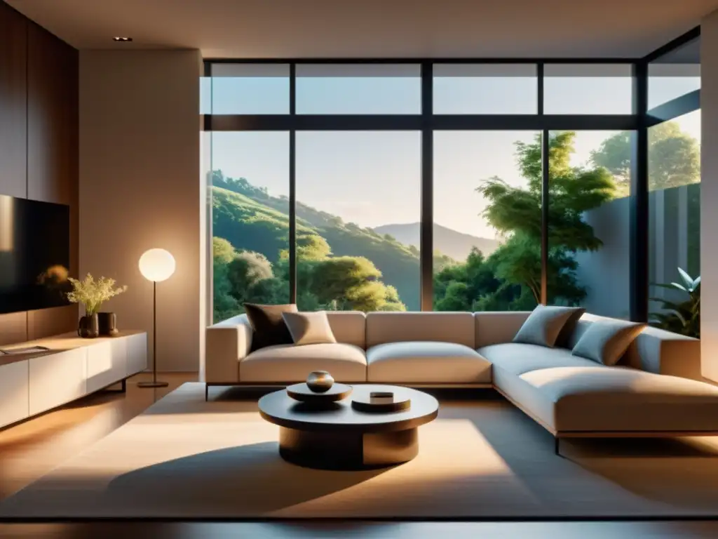 Sala de estar moderna con purificador de aire: elegancia y serenidad Salón moderno con elegante decoración, luz natural y un purificador de aire que realza la atmósfera serena