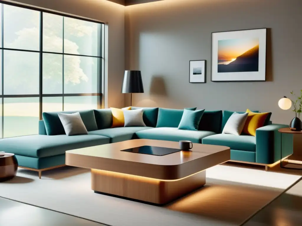 Salón moderno con mesa inteligente y modular Un salón moderno con un elegante y multifuncional mesa de café inteligente, rodeada de cómodos muebles modulares y bañado por luz natural