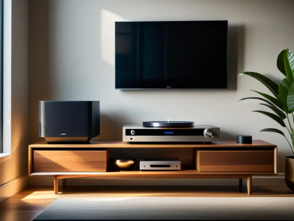 Sala de estar moderna con sistema de sonido de vanguardia Un salón moderno con un elegante sistema de sonido para casa en un ambiente acogedor y sofisticado, bañado en luz natural cálida