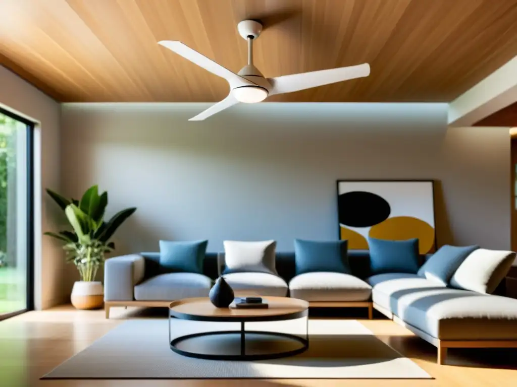 Ventilador de techo en movimiento: elegancia y confort en el hogar Un salón moderno con un elegante ventilador de techo en movimiento, difundiendo una suave brisa