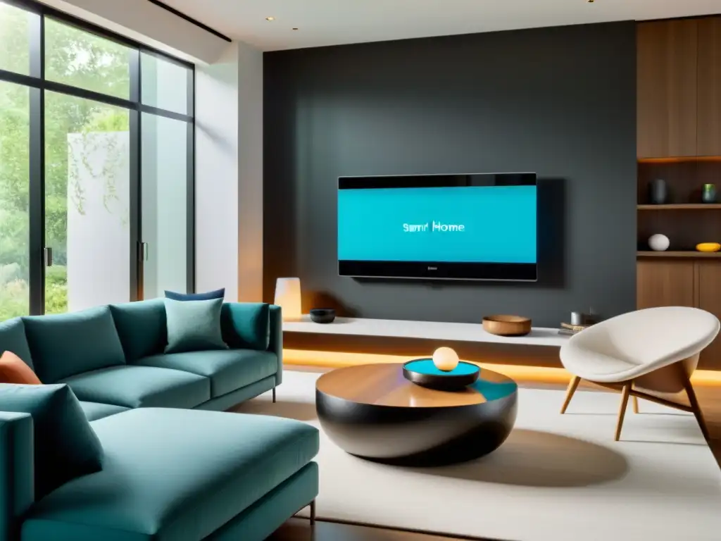 Salón moderno con dispositivos inteligentes integrados Salón moderno con elegantes dispositivos de domótica para hogares inteligentes integrados en la decoración, creando un ambiente sofisticado y acogedor