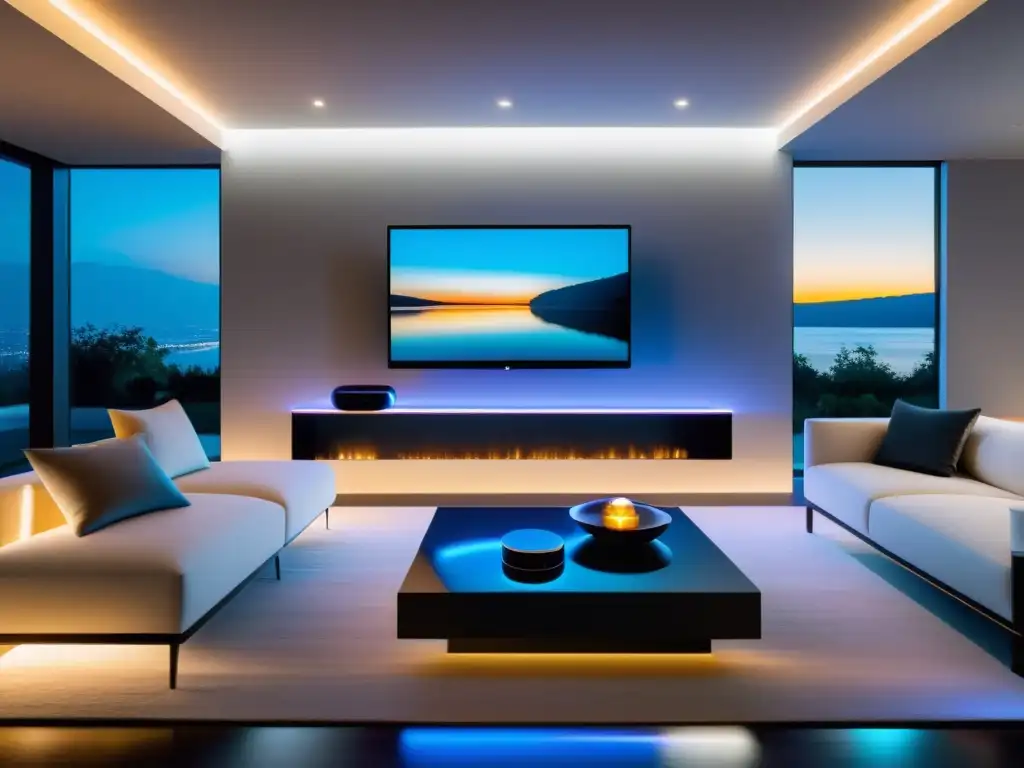 Sala de estar futurista con tecnología inteligente para el hogar Salón moderno con tecnología hogar inteligente y regulaciones legales integradas en la decoración, creando una atmósfera armoniosa y vanguardista