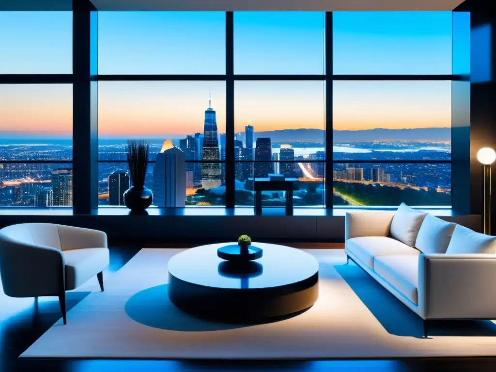 Salón moderno con tecnología inteligente y vistas panorámicas Salón moderno con domótica para hogares inteligentes y vista panorámica de la ciudad