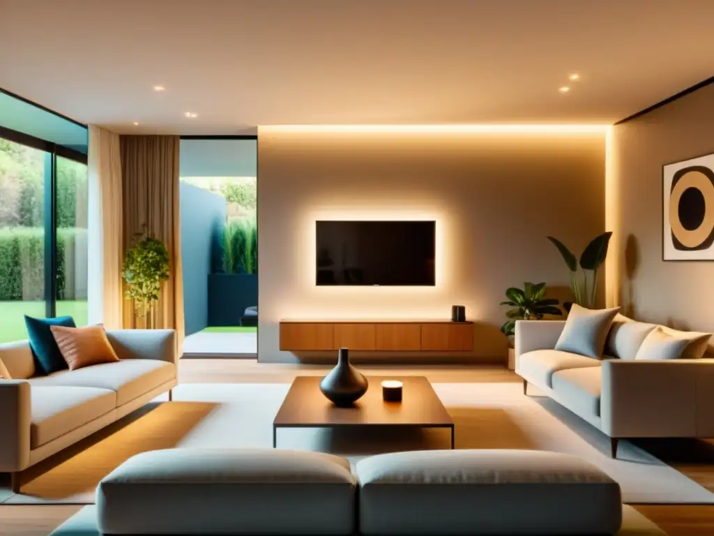 Salón moderno iluminado con TUV smart bulbs Un salón moderno iluminado con bombillas inteligentes TUV, creando un ambiente cálido y acogedor