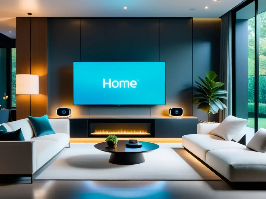 Salón inteligente: Automatización residencial y confort moderno Salón moderno con integración de dispositivos de automatización residencial con inteligencia artificial, creando un espacio conveniente y sofisticado