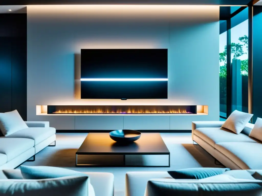 Sala de estar futurista con tecnología inteligente integrada Salón moderno con integración domótica prototipos vivienda inteligente, panel de control futurista y dispositivos avanzados
