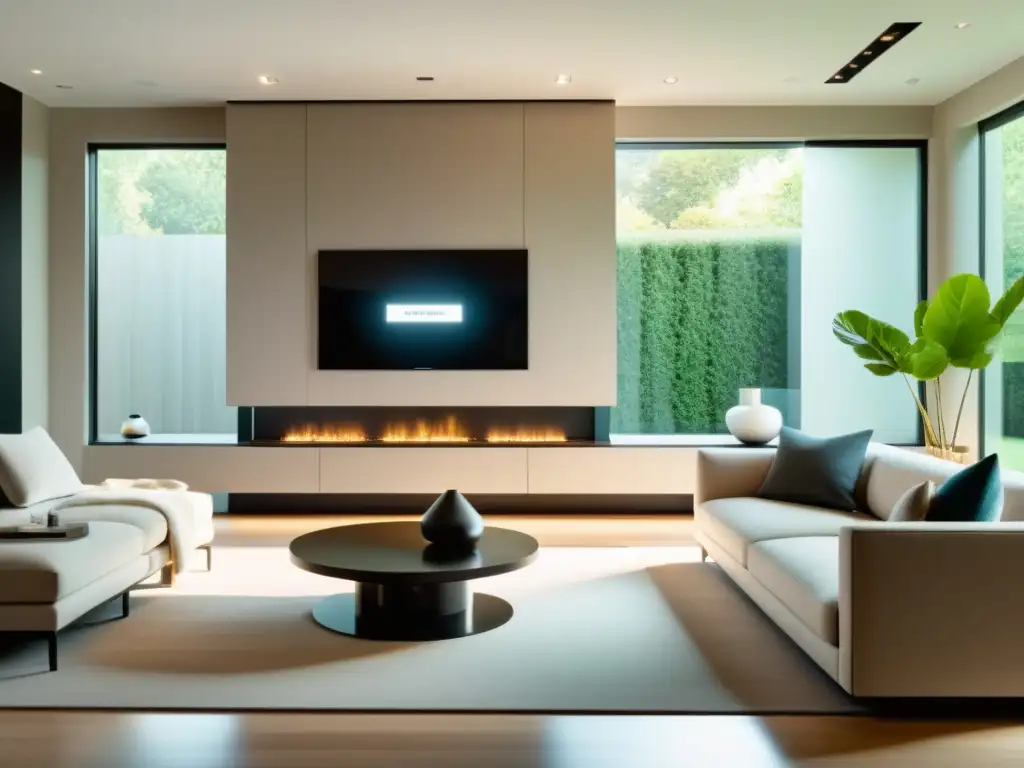 Sala inteligente y minimalista con domótica integrada para un hogar moderno Salón moderno con integración domótica armoniosa y dispositivos inteligentes