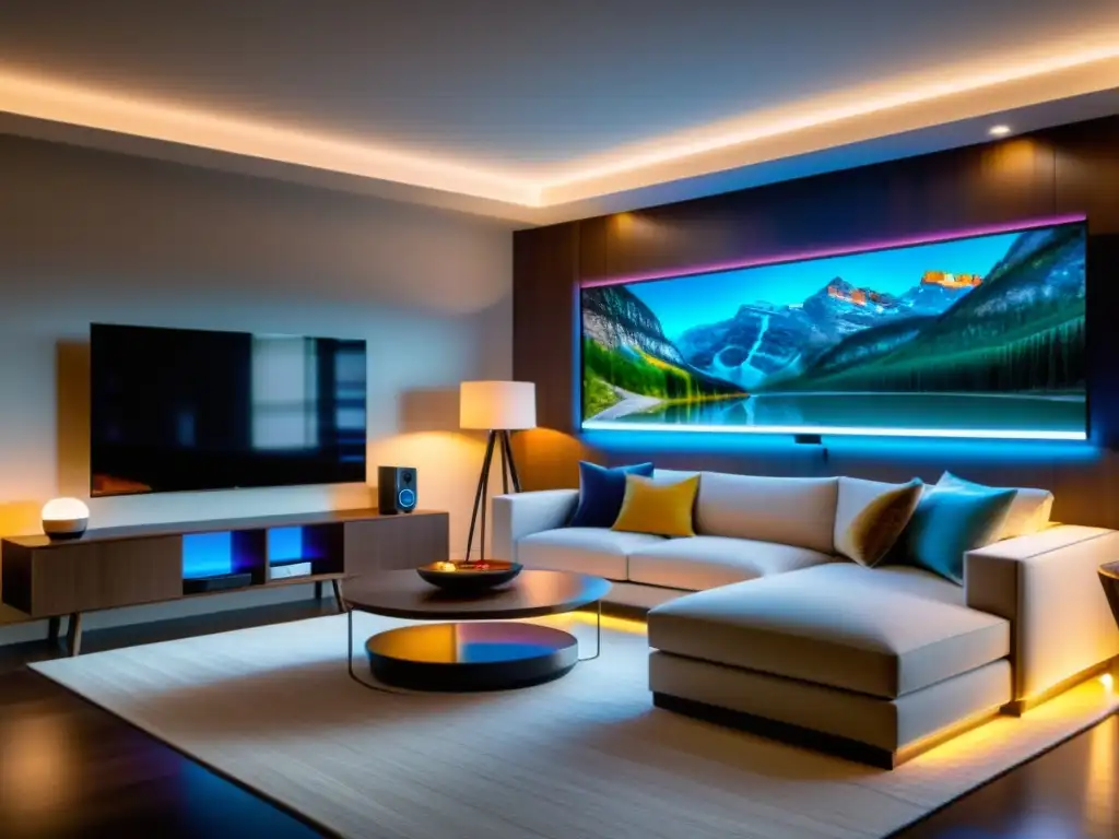 Sala moderna con sistema de iluminación inteligente y ambiente acogedor Salón moderno con iluminación inteligente para hogar, ambiente acogedor y luces LED coloridas en el techo y detrás del mueble de TV