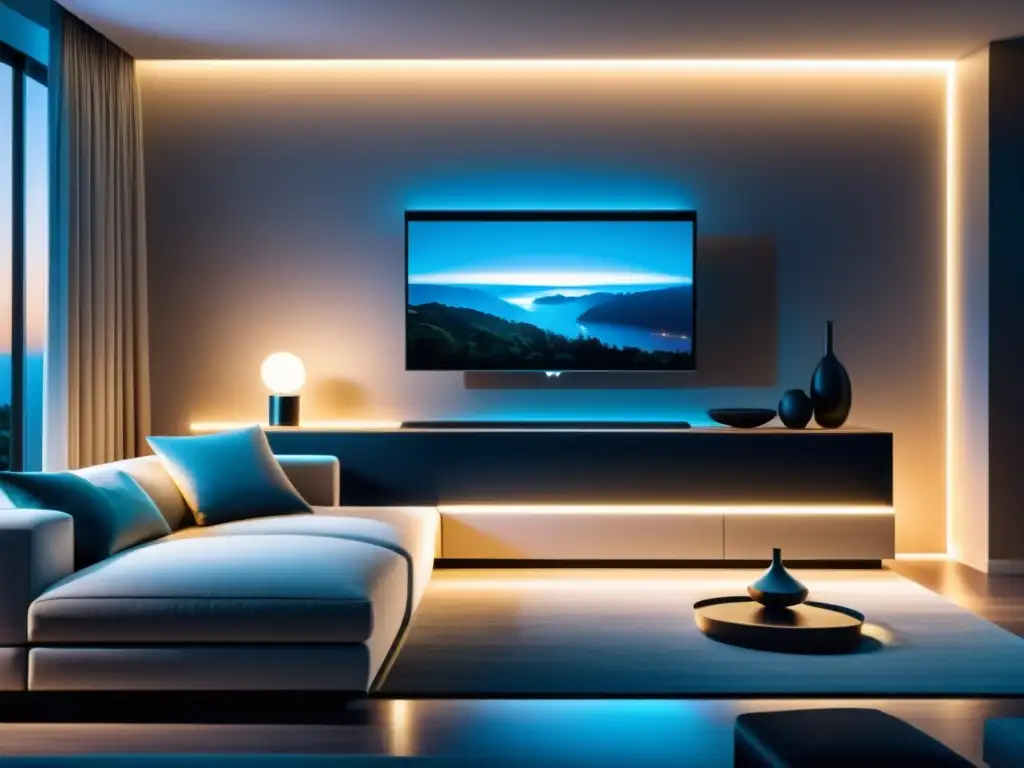 Sala de estar moderna con iluminación inteligente ajustable Salón moderno con iluminación inteligente para hogar, creando ambiente acogedor con ajuste de temperatura y brillo