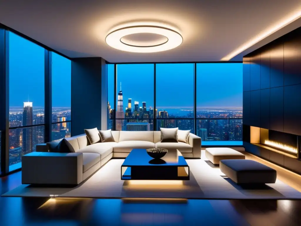 Salón futurista con luces inteligentes en la ciudad al atardecer Salón moderno con iluminación inteligente para hogar, ambiente cálido y futurista, integrada en muebles, paredes y techo