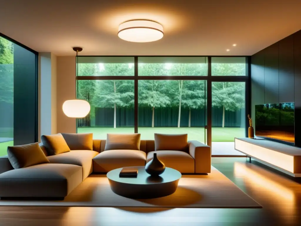 Iluminación inteligente para un salón moderno Salón moderno con luz natural cálida iluminando una elegante lámpara contemporánea con bombilla inteligente TUV