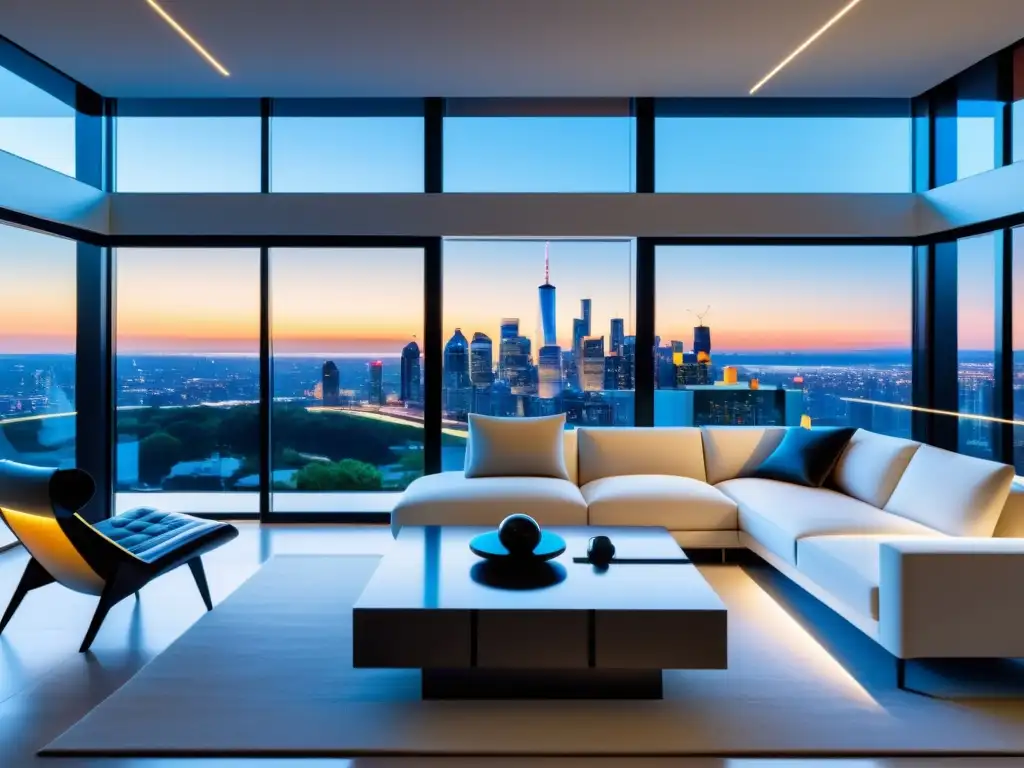 Sala de estar futurista con mobiliario automatizado y vistas urbanas Salón moderno con mobiliario automatizado y vistas a la ciudad futurista