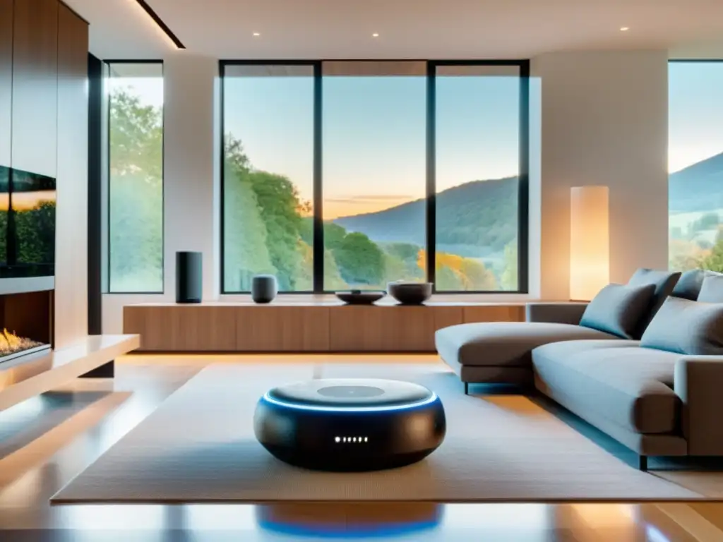 Sala de estar minimalista con tecnología inteligente Salón moderno con mobiliario minimalista y dispositivos inteligentes integrados