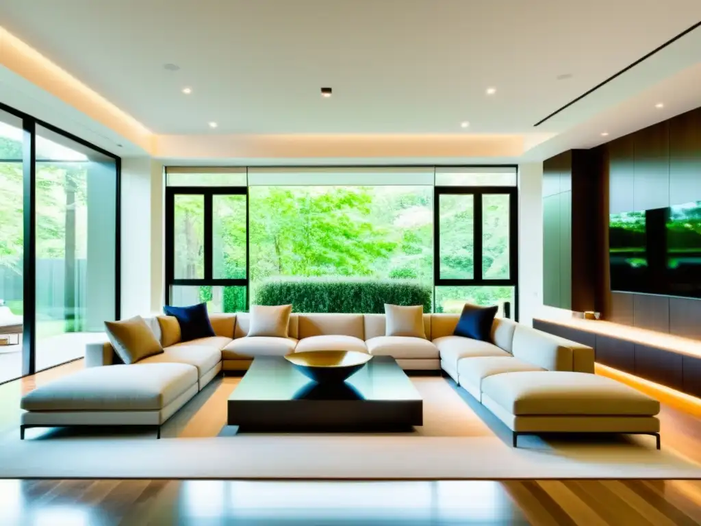 Sala de estar moderna con iluminación inteligente y ambiente acogedor Salón moderno con mobiliario minimalista y luminosas ventanas