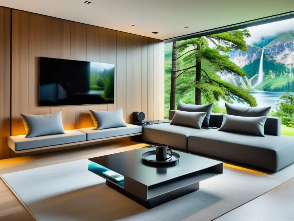 Sofá multifuncional con tecnología integrada en sala moderna Salón moderno con mueble multifuncional y tecnología integrada