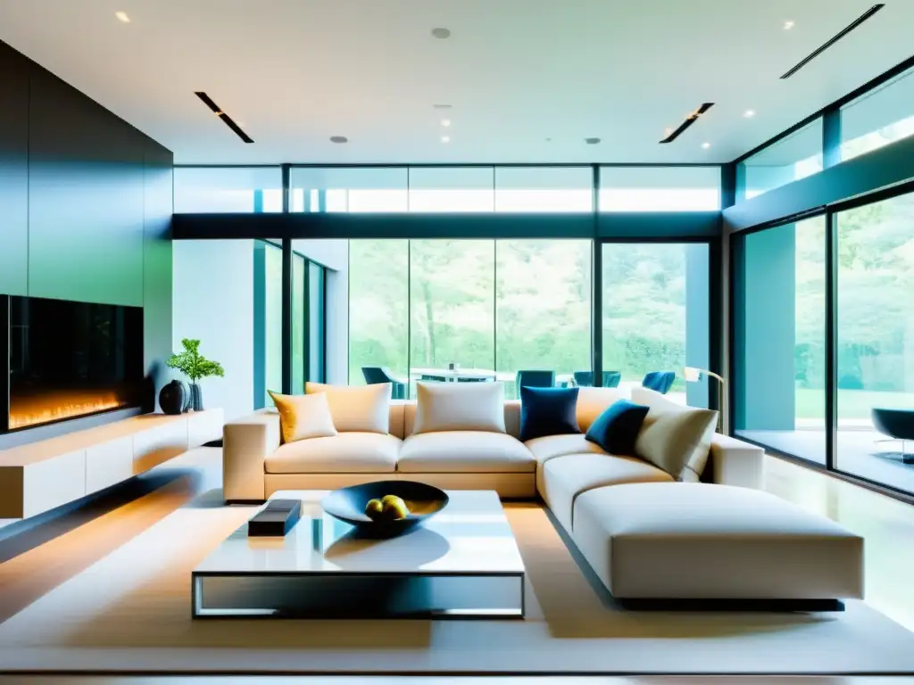 Salón moderno con muebles minimalistas, tecnología inteligente y avances tecnológicos para hogar integrados