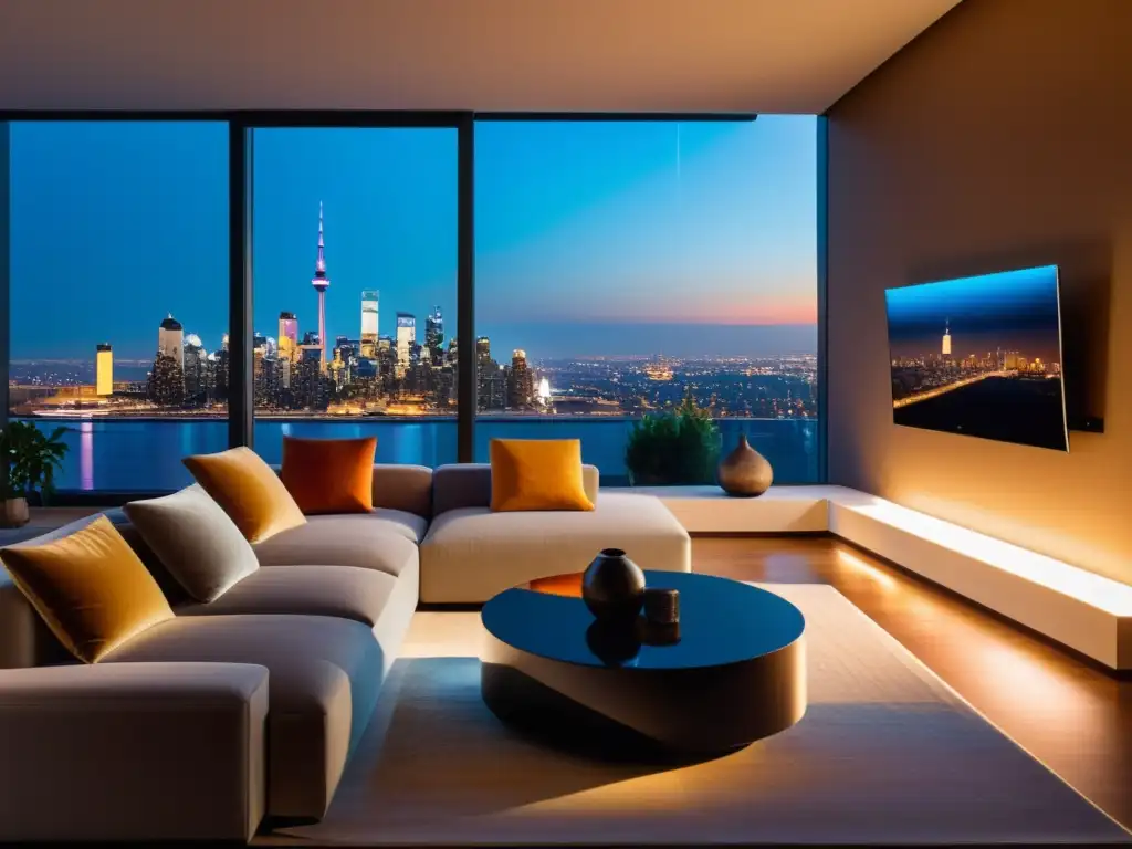 Sala de estar moderna con iluminación inteligente y arte contemporáneo Un salón moderno con muebles minimalistas y un sistema de iluminación inteligente en acción, creando diferentes ambientes con colores suaves