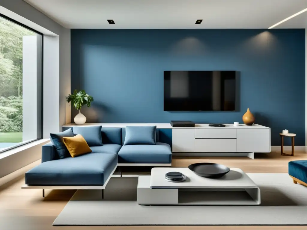 Sofisticada sala de estar minimalista con tecnología inteligente Salón moderno con muebles multifuncionales y tecnología integrada