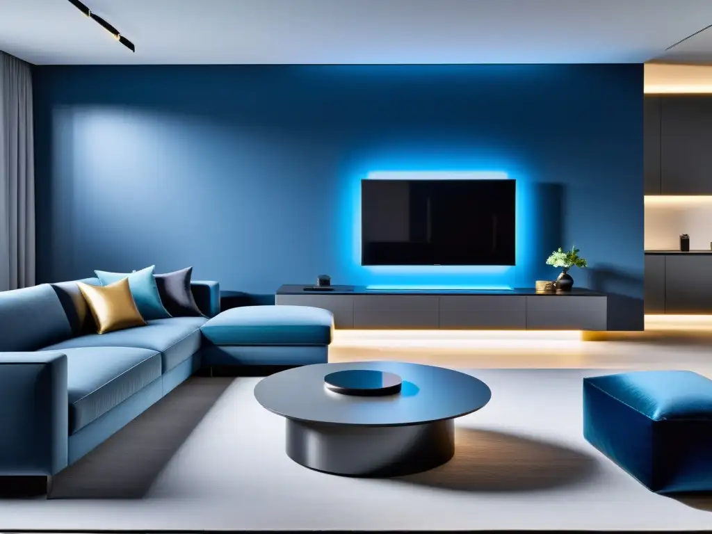 Sala multifuncional de diseño moderno con tecnología integrada Salón moderno con muebles multifuncionales y tecnología integrada
