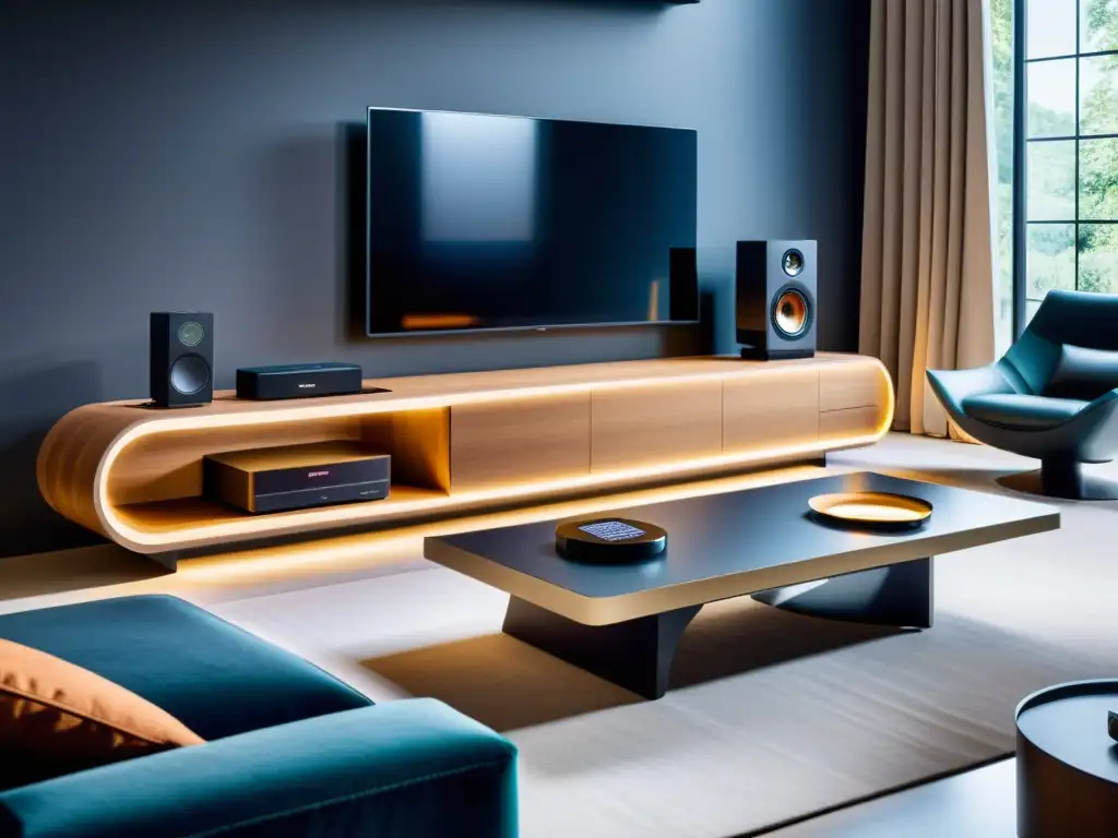 Sala de estar futurista con muebles multifuncionales y tecnología integrada Salón moderno con muebles multifuncionales y tecnología integrada