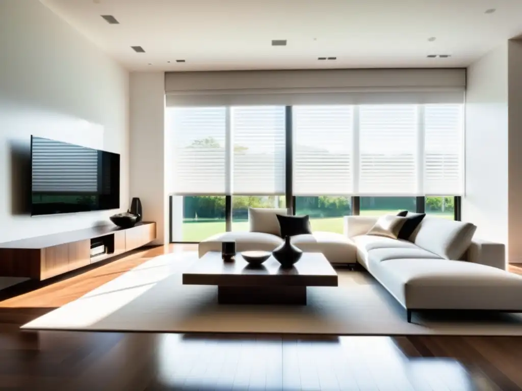 Sala de estar moderna con ventanas automatizadas en blanco Salón moderno con persianas y cortinas automatizadas en blanco, luz natural y ambiente lujoso