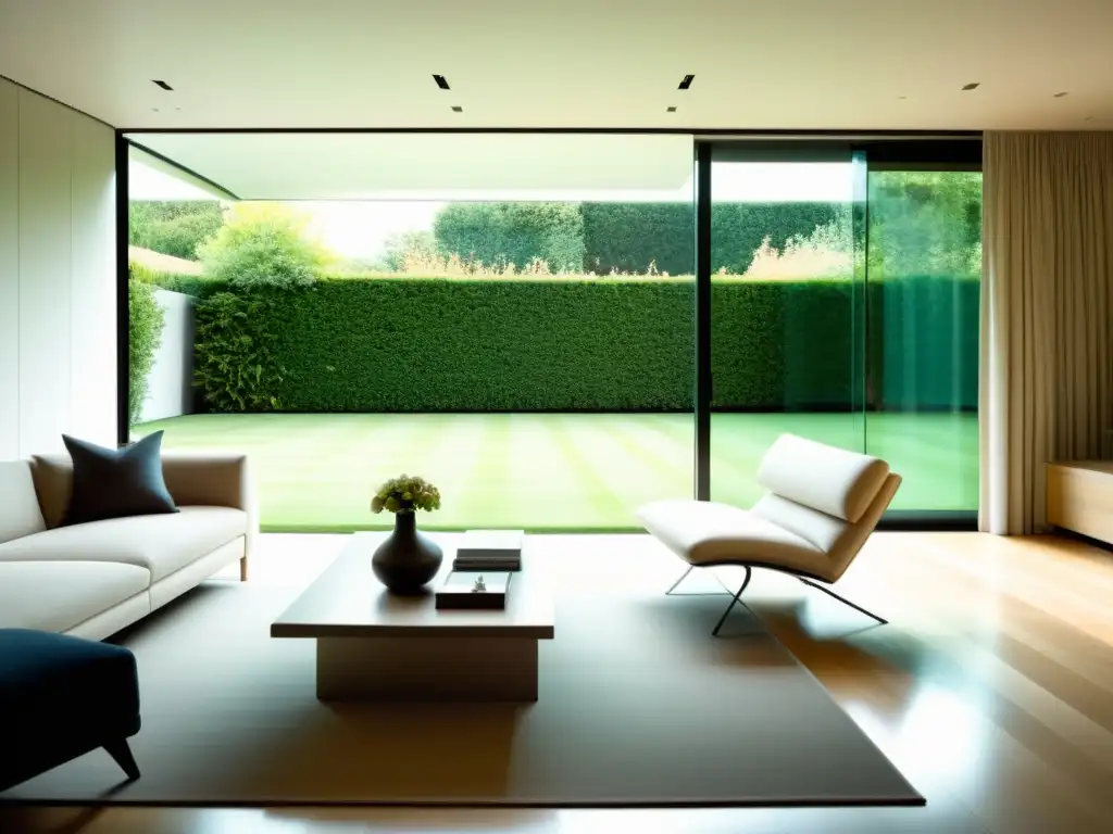 Sala de estar automatizada con cortinas y persianas para un ambiente sereno Salón moderno con persianas y cortinas automatizadas, diseño minimalista en tonos neutros y ambiente sereno