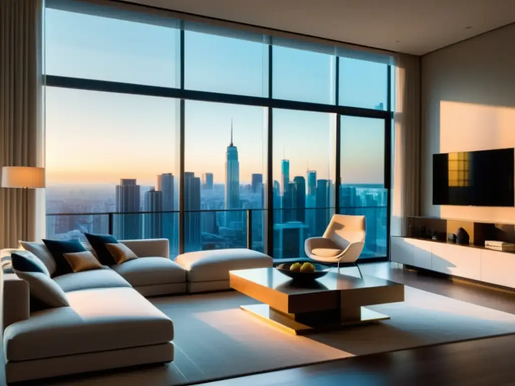 Sofisticada sala de estar con ventanales y cortinas automáticas Salón moderno con persianas y cortinas automatizadas, elegante decoración y luz natural suave