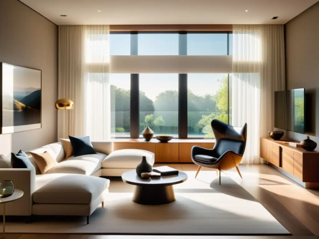 Salón moderno con ventanales y cortinas automatizadas Salón moderno con persianas y cortinas automatizadas, bañado por la cálida luz del sol a través de las ventanas de piso a techo