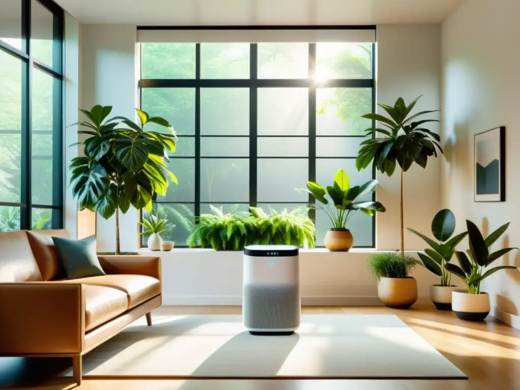 Purificador de aire HEPA: integración perfecta en un salón moderno Un salón moderno y sereno con purificador de aire HEPA, destacando la importancia de la filtración HEPA en un ambiente saludable y purificado