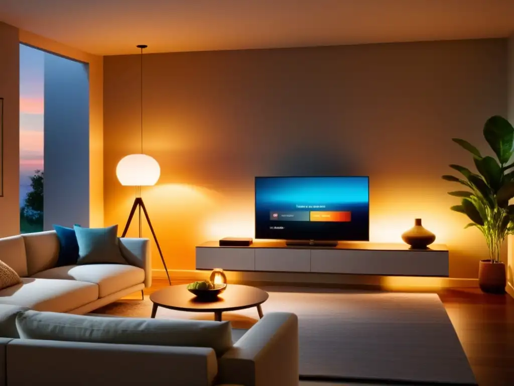 Salón moderno con iluminación Philips Hue Un salón moderno con sistema iluminación inteligente Philips Hue, que crea un ambiente acogedor y elegante