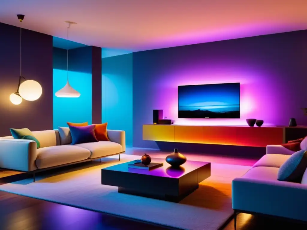 Salón moderno iluminado con Philips Hue Un salón moderno con el Sistema iluminación inteligente Philips Hue, decorado con estilo y colores vibrantes